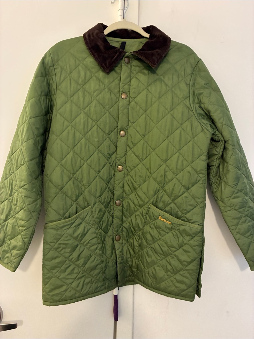 Men Barbour Green Quilted Coat with Brown Cord Collar